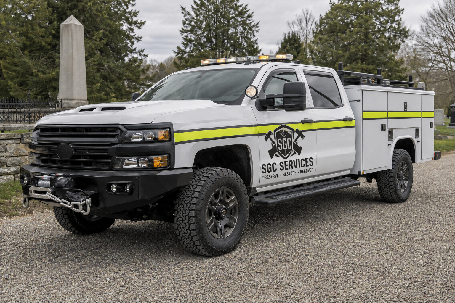 SGC Services field support vehicle concept at a historic cemetery