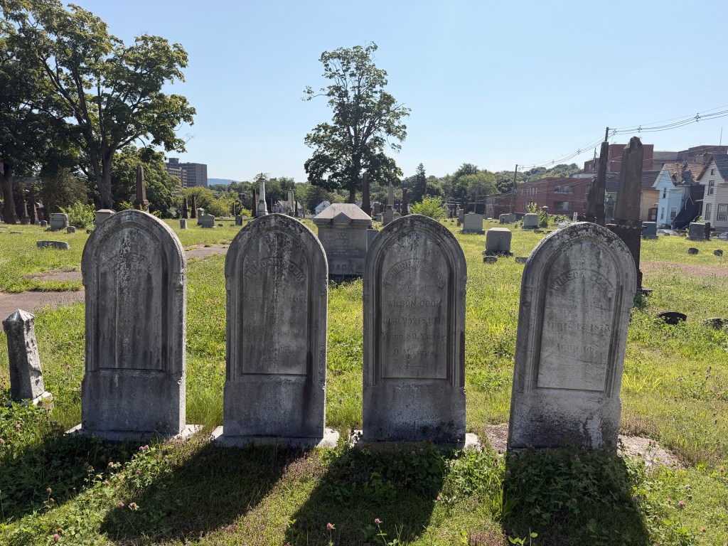 Four arched historic headstones in a row at West Cemetery, with monuments and trees in the background.