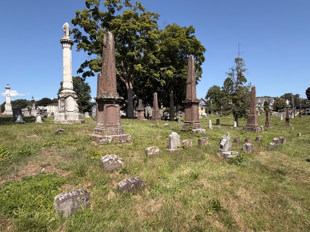 Tall stone monuments and obelisks among smaller headstones beneath mature trees at West Cemetery.