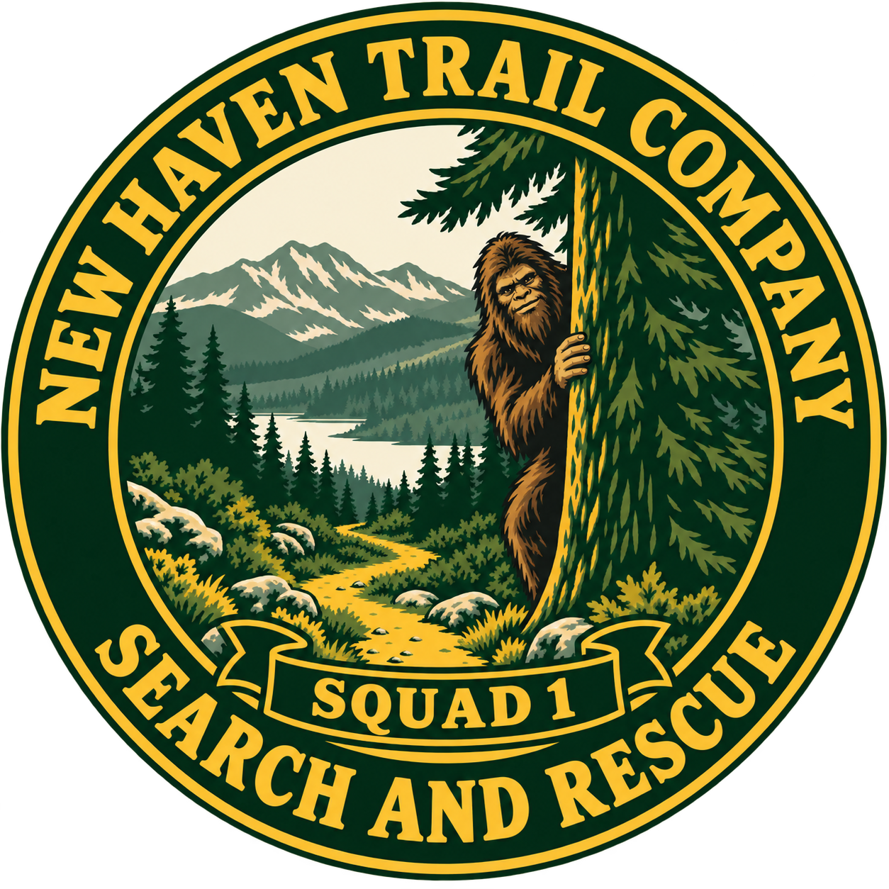 Green and gold New Haven Trail Company Search and Rescue Squad 1 emblem with a winding trail, pine tree and Bigfoot peering around the trunk.