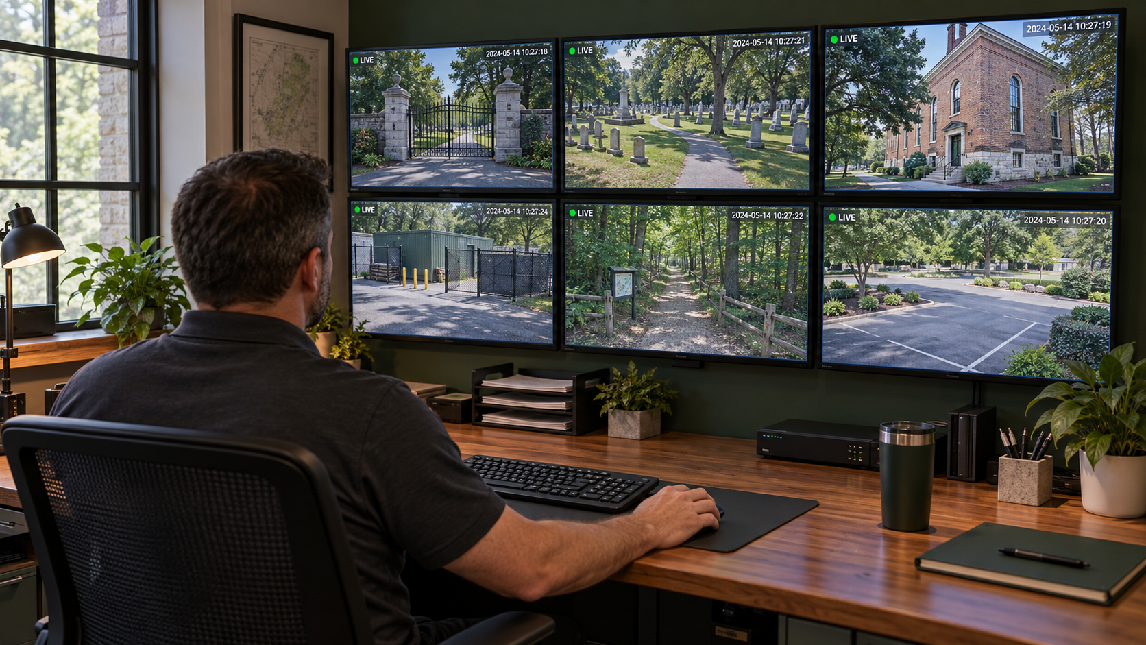 An operator monitors six camera views of historic properties, cemetery grounds, and site entrances