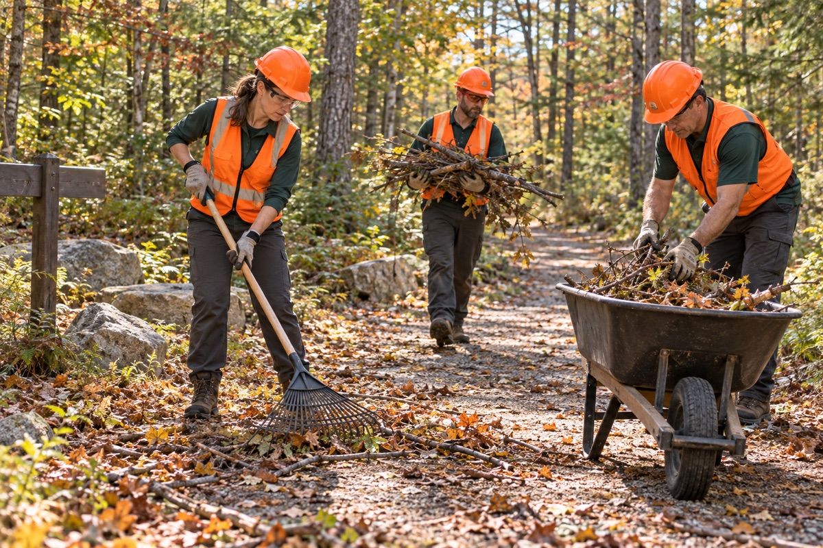 AI illustration of volunteers clearing small storm-fallen branches from an authorized site.