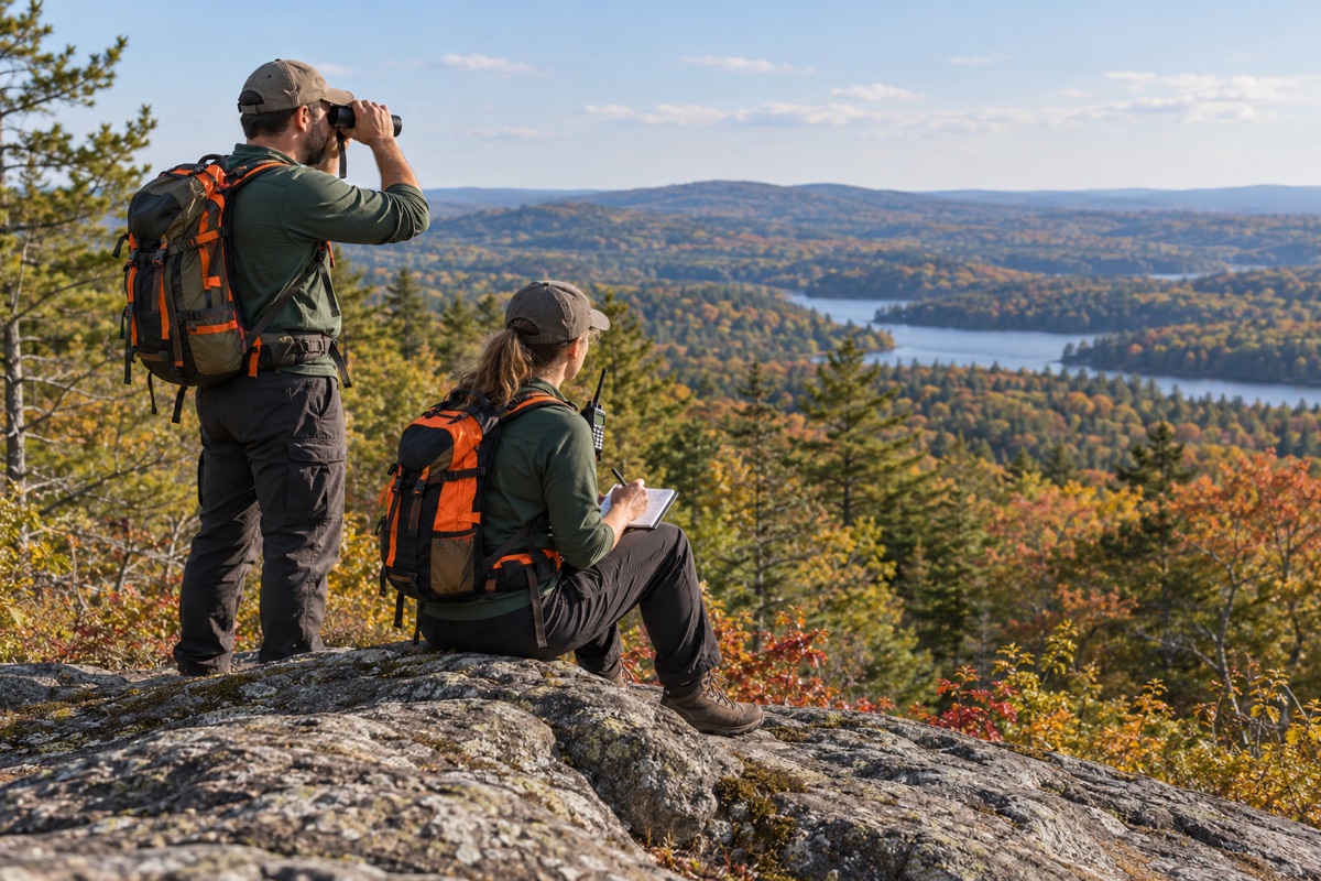 AI illustration of volunteers observing a wooded landscape with binoculars and recording fire-watch observations.