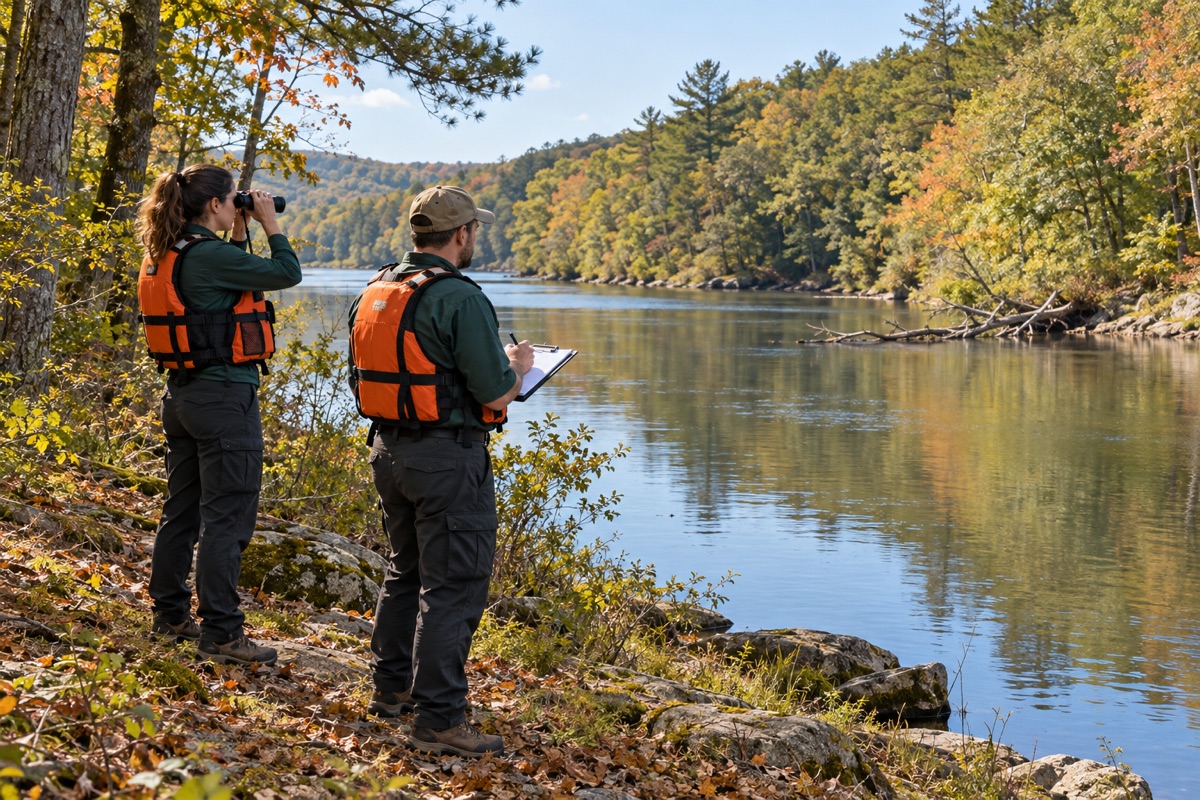 AI illustration of volunteers in life jackets observing conditions from a safe riverbank.