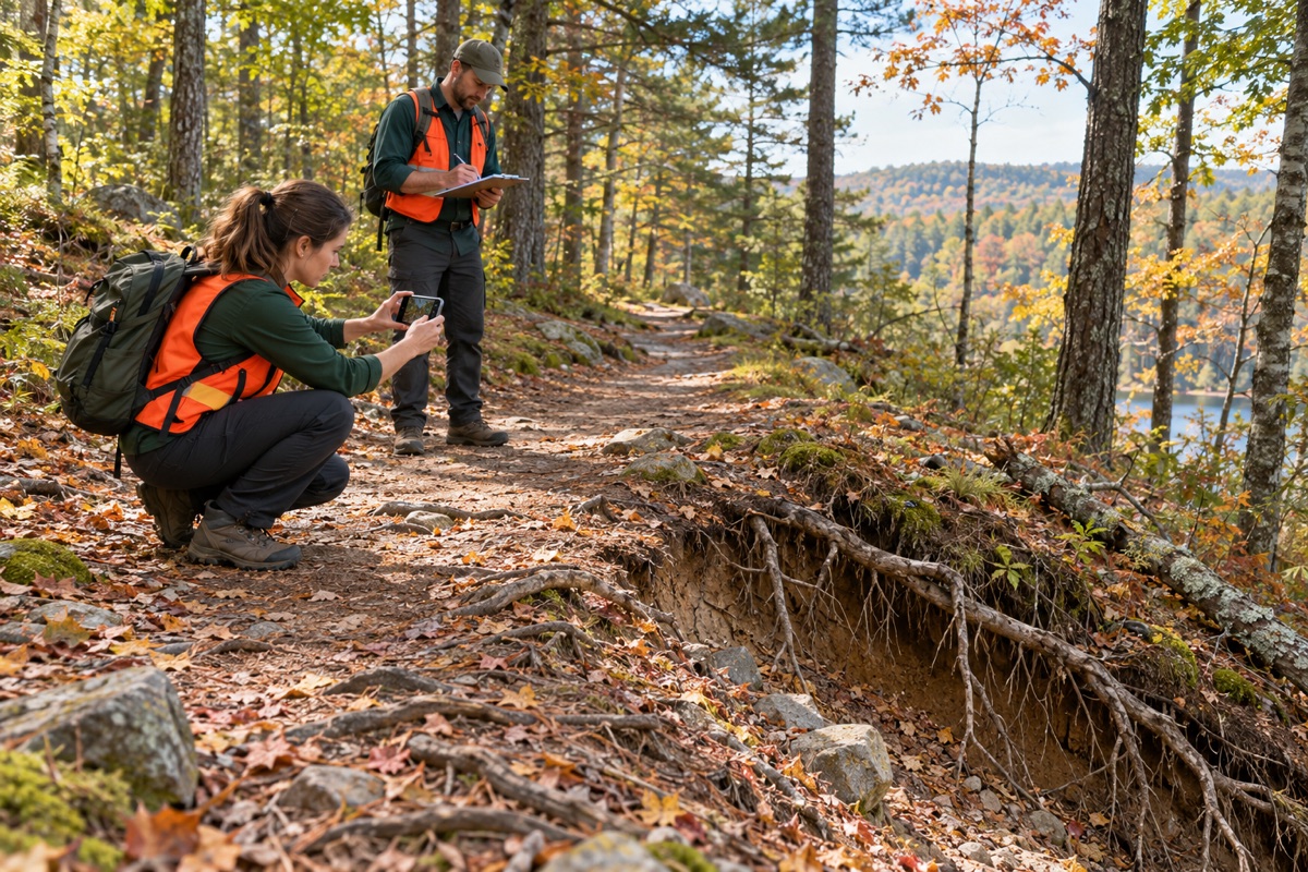 AI illustration of volunteers documenting erosion and a fallen branch along a woodland trail.