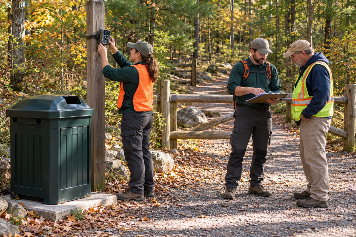 AI illustration of volunteers and a municipal partner planning a trail camera and litter receptacle at a woodland entrance.