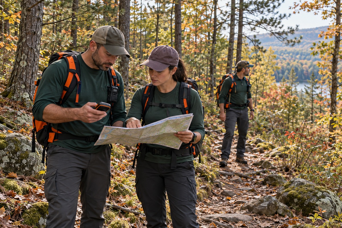 AI illustration of volunteers reviewing a map while searching a Connecticut woodland trail.
